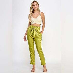 High-Waist Tie-Waist Satin Trousers — Lime Green